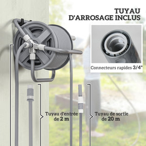 Dévidoir enrouleur de tuyau d'arrosage avec 20m et tuyau d'entrée de 2m, buse de pulvérisation réglable 2 en 1, à fixer au mur ou à poser