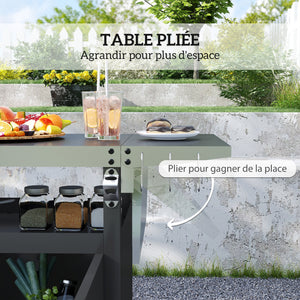 Desserte jardin chariot de barbecue avec tablette pliable, desserte pour plancha avec plateau en acier inoxydable et crochets, desserte extérieur à roulettes, 116 x 50 x 93 cm, noir