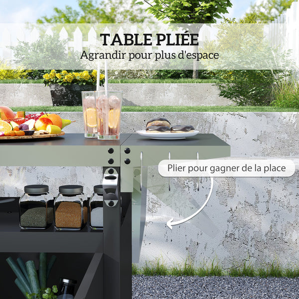 Desserte jardin chariot de barbecue avec tablette pliable, desserte pour plancha avec plateau en acier inoxydable et crochets, desserte extérieur à roulettes, 116 x 50 x 93 cm, noir