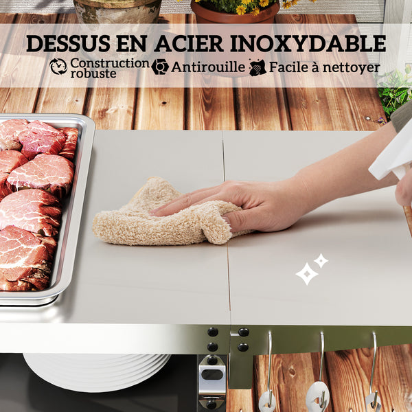 Desserte jardin chariot de barbecue avec tablette pliable, desserte pour plancha avec plateau en acier inoxydable et crochets, desserte extérieur à roulettes, 116 x 50 x 93 cm, noir