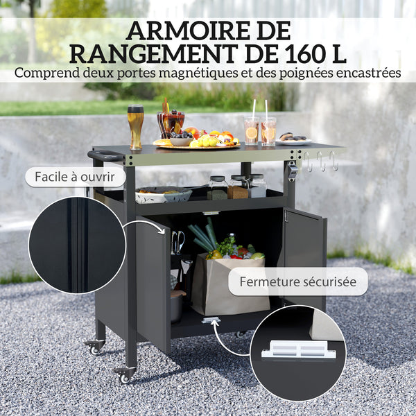 Desserte jardin chariot de barbecue avec tablette pliable, desserte pour plancha avec plateau en acier inoxydable et crochets, desserte extérieur à roulettes, 116 x 50 x 93 cm, noir