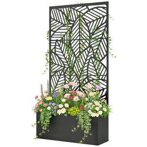 Jardinière avec treillis, bac à fleurs, lit surélevé avec brise-vue, pour plantes grimpantes, légumes, métal, intérieur et extérieur, 90 x 30 x 170 cm, noir
