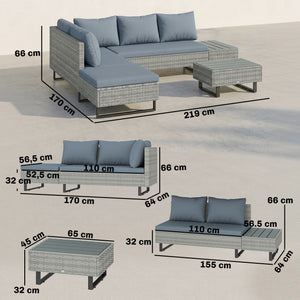 Salon de Jardin d'Angle 5 Places en Résine Tressée - Canapé Extérieur Modulable avec Méridienne Réglable - Ensemble Mobilier de Terrasse avec Table en Composite, Gris