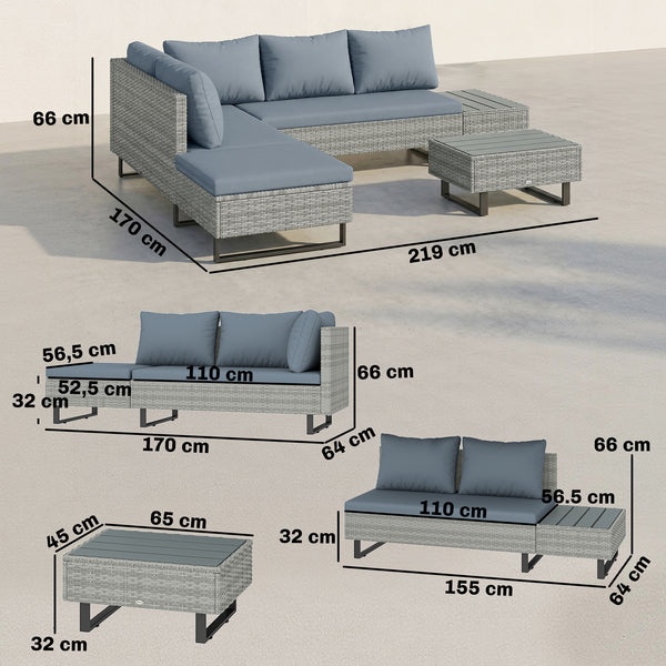 Salon de Jardin d'Angle 5 Places en Résine Tressée - Canapé Extérieur Modulable avec Méridienne Réglable - Ensemble Mobilier de Terrasse avec Table en Composite, Gris
