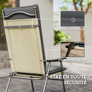 Lot de 4 coussins de chaise d'extérieur galette de chaise à dossier haut attaches et bande réglable tissu teint en fil anti-décoloration UPF50+ pour jardin terrasse balcon 124x50x5cm gris