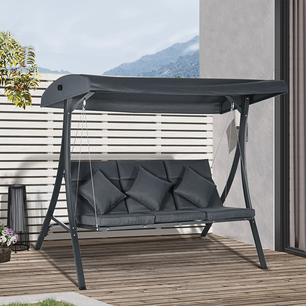 Balancelle de jardin 3 places grand confort inclinaison toit réglable matelas fourni acier polyester dim. 202L x 115l x 168H cm gris foncé