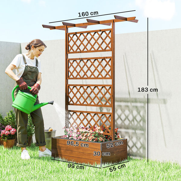 Jardinière Surélevée avec treillis et Barres de Toit, bac à fleurs, lit surélevé Trous de Drainage, tissu non tissé, pour plantes grimpantes, légumes, extérieur, bois massif, bois naturel