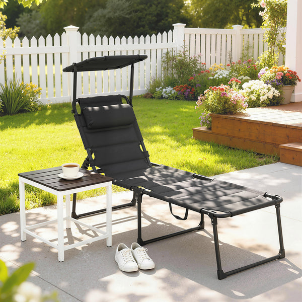 Bain de soleil, chaise longue pliante avec pare-soleil, appuie-tête en tissu Oxford, transat jardin extérieur inclinable de plage camping piscine terrasse 70 x 200 x 45 cm, noir