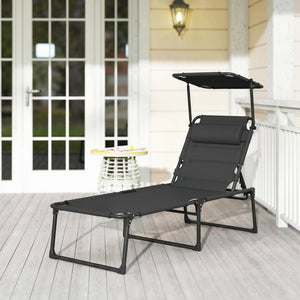 Bain de soleil, chaise longue pliante avec pare-soleil, appuie-tête en tissu Oxford, transat jardin extérieur inclinable de plage camping piscine terrasse 70 x 200 x 45 cm, noir