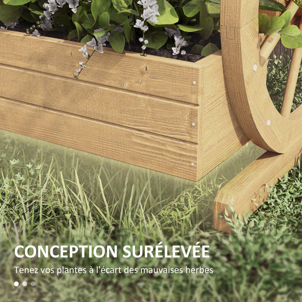 Jardinière sur Pieds carré Potager 3 étages Style Rustique Chic avec 2 roues Charrette Bois Sapin, trous de drainage, dim. 62L x 61l x 57H cm Bois naturel