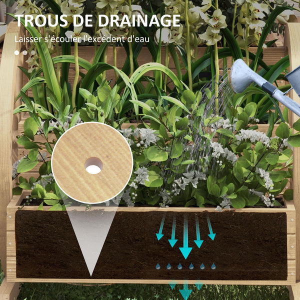 Jardinière sur Pieds carré Potager 3 étages Style Rustique Chic avec 2 roues Charrette Bois Sapin, trous de drainage, dim. 62L x 61l x 57H cm Bois naturel