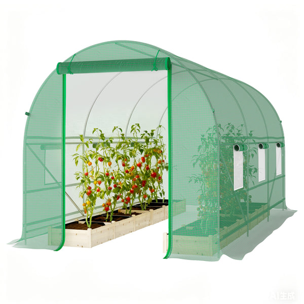 Serre tunnel de jardin 8m², serre de jardin tunnel 400x200x200cm avec porte et 6 fenêtres, pour extérieur, toutes saisons, légumes, fruits, fleurs, bâche PE haute densité 140 g/m² vert
