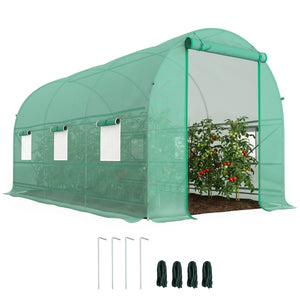 Serre tunnel de jardin 8m², serre de jardin tunnel 400x200x200cm avec porte et 6 fenêtres, pour extérieur, toutes saisons, légumes, fruits, fleurs, bâche PE haute densité 140 g/m² vert