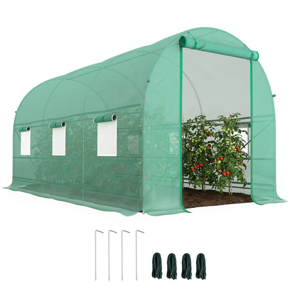 Serre tunnel de jardin 8m², serre de jardin tunnel 400x200x200cm avec porte et 6 fenêtres, pour extérieur, toutes saisons, légumes, fruits, fleurs, bâche PE haute densité 140 g/m² vert