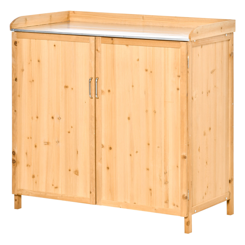 Armoire de jardin sur pied table de rempotage 2 en 1 - table de jardinage double porte, étagère, plateau tôle acier galvanisé - table de plantation bois de cèdre pré-huilé