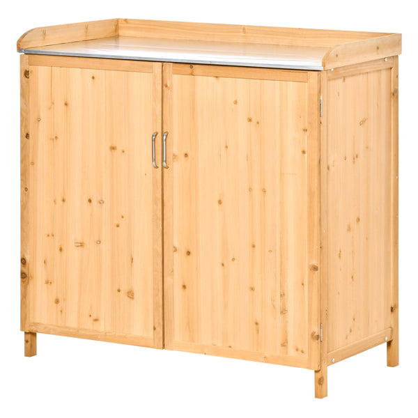 Armoire de jardin sur pied table de rempotage 2 en 1 - table de jardinage double porte, étagère, plateau tôle acier galvanisé - table de plantation bois de cèdre pré-huilé