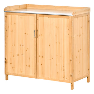 Armoire de jardin sur pied table de rempotage 2 en 1 - table de jardinage double porte, étagère, plateau tôle acier galvanisé - table de plantation bois de cèdre pré-huilé