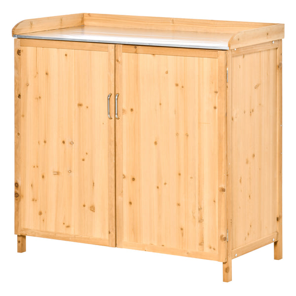 Armoire de jardin sur pied table de rempotage 2 en 1 - table de jardinage double porte, étagère, plateau tôle acier galvanisé - table de plantation bois de cèdre pré-huilé