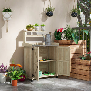 Table de rempotage table de jardinage style rustique avec placard et étagères et plateau galvanisé patins antidérapants en bois sapin pré-huilé dim. 90,5L x 41l x 124,5H cm effet bois naturel