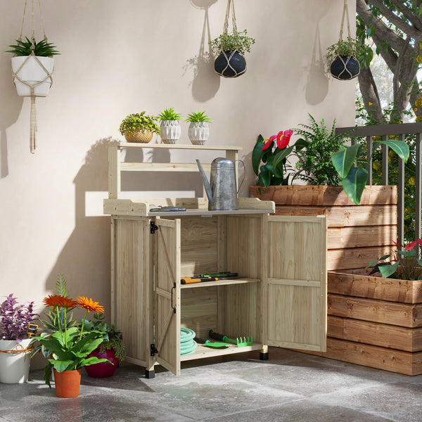 Table de rempotage table de jardinage style rustique avec placard et étagères et plateau galvanisé patins antidérapants en bois sapin pré-huilé dim. 90,5L x 41l x 124,5H cm effet bois naturel