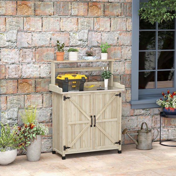 Table de rempotage table de jardinage style rustique avec placard et étagères et plateau galvanisé patins antidérapants en bois sapin pré-huilé dim. 90,5L x 41l x 124,5H cm effet bois naturel