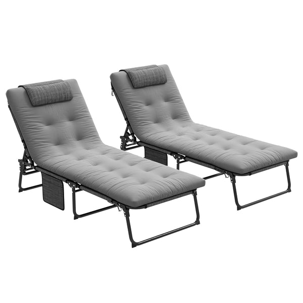 Lot de 2 transats bains de soleil pliable avec dossier inclinable 4 positions - appui-tête et Matelas épais ultra confortable - tissu textilène et acier, gris