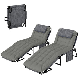 Lot de 2 transats bains de soleil pliable avec dossier inclinable 4 positions - appui-tête et Matelas épais ultra confortable - tissu textilène et acier, gris