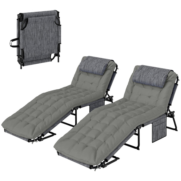 Lot de 2 transats bains de soleil pliable avec dossier inclinable 4 positions - appui-tête et Matelas épais ultra confortable - tissu textilène et acier, gris