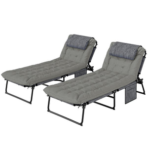 Lot de 2 transats bains de soleil pliable avec dossier inclinable 4 positions - appui-tête et Matelas épais ultra confortable - tissu textilène et acier, gris