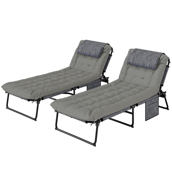 Lot de 2 transats bains de soleil pliable avec dossier inclinable 4 positions - appui-tête et Matelas épais ultra confortable - tissu textilène et acier, gris