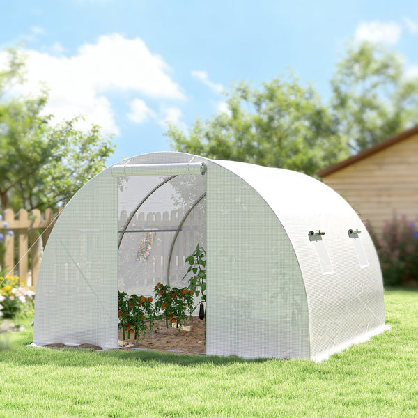 Serre de Jardin Tunnel 9 m² 3L x 3l x 2H m - 4 fenêtres, Porte zippée Enroulable - châssis Tubulaire Acier galvanisé, bâche PE Haute densité Blanc