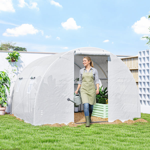Serre de Jardin Tunnel 9 m² 3L x 3l x 2H m - 4 fenêtres, Porte zippée Enroulable - châssis Tubulaire Acier galvanisé, bâche PE Haute densité Blanc