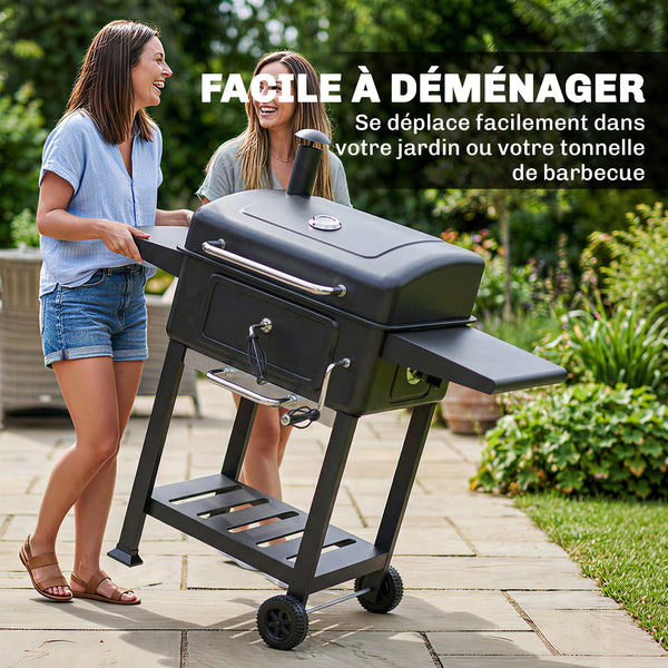 Barbecue charbon de bois avec bac à charbon réglable, chariot grill de jardin fumoir avec grille de maintien au chaud, tablettes latérales, cheminée, aérations, roues et thermomètre, noir