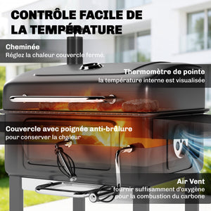 Barbecue charbon de bois avec bac à charbon réglable, chariot grill de jardin fumoir avec grille de maintien au chaud, tablettes latérales, cheminée, aérations, roues et thermomètre, noir