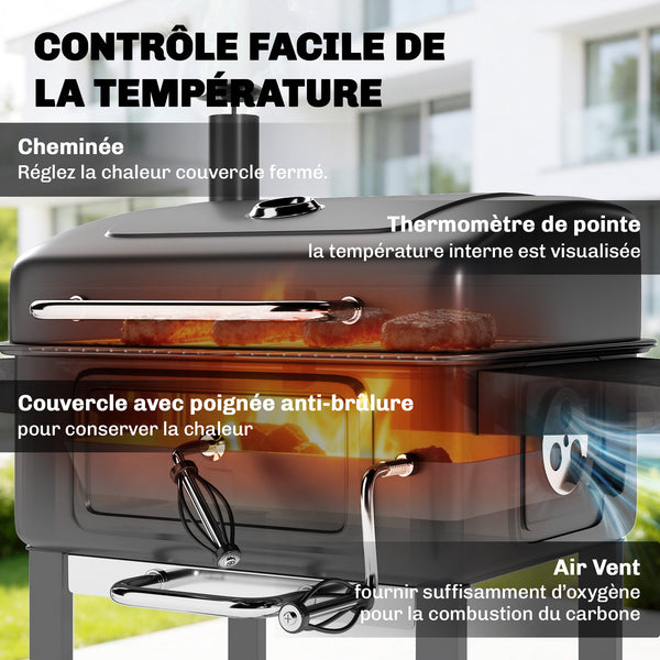 Barbecue charbon de bois avec bac à charbon réglable, chariot grill de jardin fumoir avec grille de maintien au chaud, tablettes latérales, cheminée, aérations, roues et thermomètre, noir