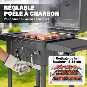 Barbecue charbon de bois avec bac à charbon réglable, chariot grill de jardin fumoir avec grille de maintien au chaud, tablettes latérales, cheminée, aérations, roues et thermomètre, noir