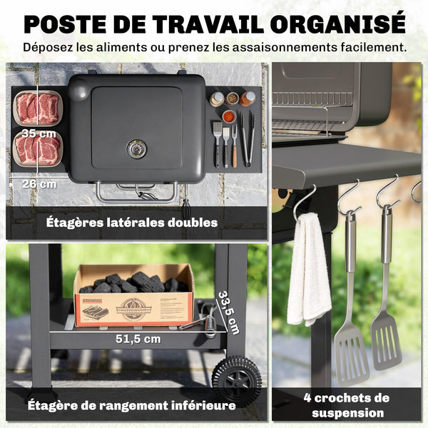 Barbecue charbon de bois avec bac à charbon réglable, chariot grill de jardin fumoir avec grille de maintien au chaud, tablettes latérales, cheminée, aérations, roues et thermomètre, noir