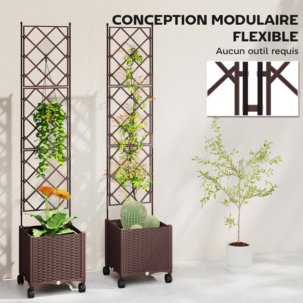 Jardinière avec treillis, bac à fleurs sur roulettes, lit surélevé en plastique avec système d'auto-arrosage, trous de drainage, pour plantes grimpantes, légumes, fleurs, 120x40x192cm, marron