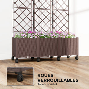 Jardinière avec treillis, bac à fleurs sur roulettes, lit surélevé en plastique avec système d'auto-arrosage, trous de drainage, pour plantes grimpantes, légumes, fleurs, 120x40x192cm, marron