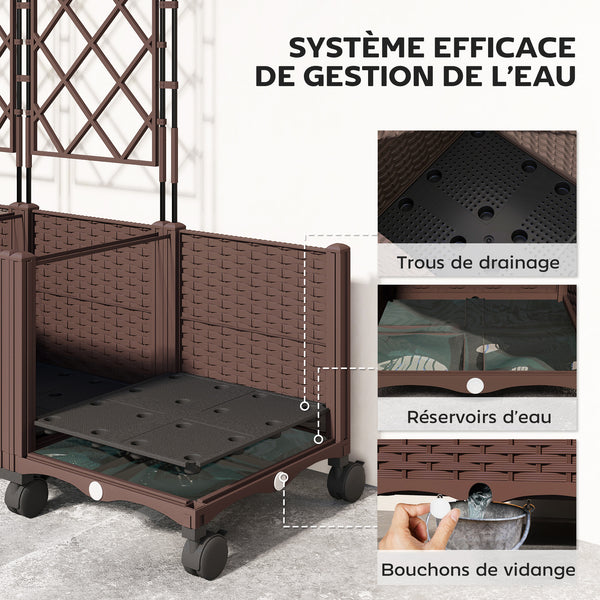 Jardinière avec treillis, bac à fleurs sur roulettes, lit surélevé en plastique avec système d'auto-arrosage, trous de drainage, pour plantes grimpantes, légumes, fleurs, 120x40x192cm, marron