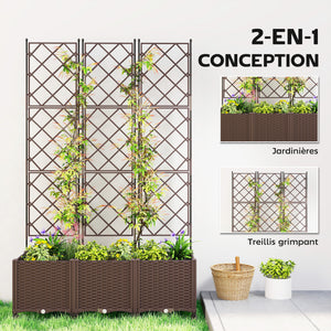 Jardinière avec treillis, bac à fleurs sur roulettes, lit surélevé en plastique avec système d'auto-arrosage, trous de drainage, pour plantes grimpantes, légumes, fleurs, 120x40x192cm, marron