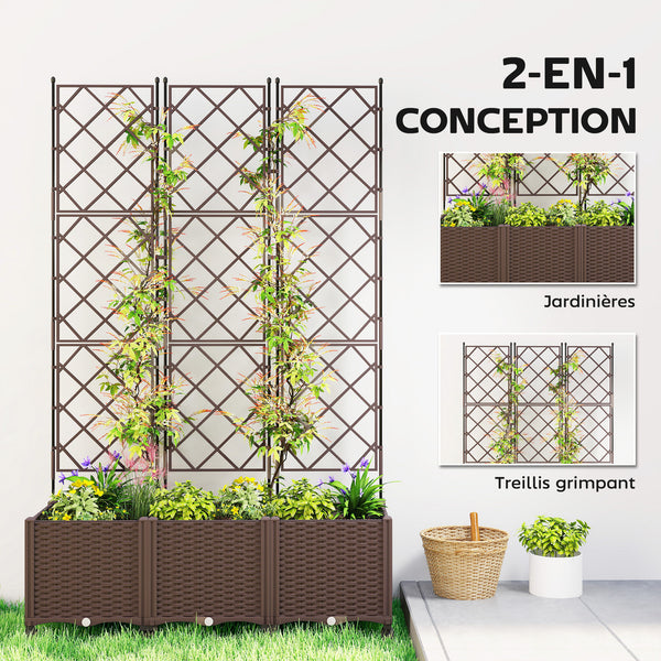 Jardinière avec treillis, bac à fleurs sur roulettes, lit surélevé en plastique avec système d'auto-arrosage, trous de drainage, pour plantes grimpantes, légumes, fleurs, 120x40x192cm, marron