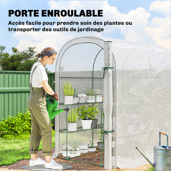 Serre de jardin avec étagères, 123 x 187 x 189 cm, petite serre avec porte enroulable, bâche PE haute densité 140 g/m², prolongée de 10 cm, blanc