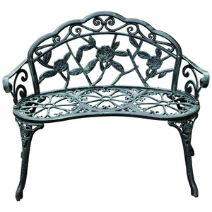 Banc de Jardin 2 Places Style néo-rétro Motif Rose Lignes fuselées 100L x 54l x 78H cm Fonte d'aluminium Vert Vieilli