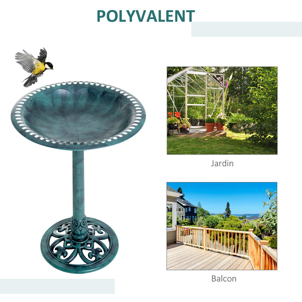 Bain d'oiseaux plateau de diamètre 50cm, abreuvoir oiseaux extérieur sur pied hauteur 69,5 cm, mangeoire oiseaux design coquille et décoration fleur-de-lys, érugineux