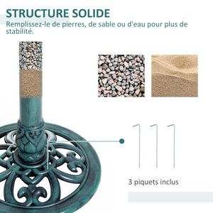Bain d'oiseaux plateau de diamètre 50cm, abreuvoir oiseaux extérieur sur pied hauteur 69,5 cm, mangeoire oiseaux design coquille et décoration fleur-de-lys, érugineux