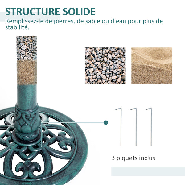 Bain d'oiseaux plateau de diamètre 50cm, abreuvoir oiseaux extérieur sur pied hauteur 69,5 cm, mangeoire oiseaux design coquille et décoration fleur-de-lys, érugineux