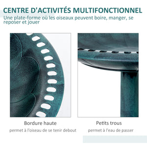 Bain d'oiseaux plateau de diamètre 50cm, abreuvoir oiseaux extérieur sur pied hauteur 69,5 cm, mangeoire oiseaux design coquille et décoration fleur-de-lys, érugineux
