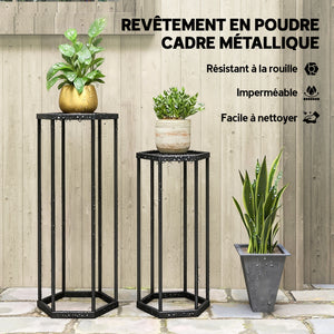 Lot de 2 supports pour plantes, tabouret à fleurs hexagonal, porte-plante haut en métal, support pot de fleur intérieur et extérieur, pour jardin, balcon, maison, noir