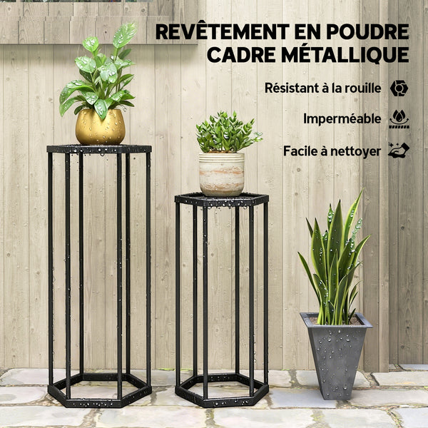 Lot de 2 supports pour plantes, tabouret à fleurs hexagonal, porte-plante haut en métal, support pot de fleur intérieur et extérieur, pour jardin, balcon, maison, noir